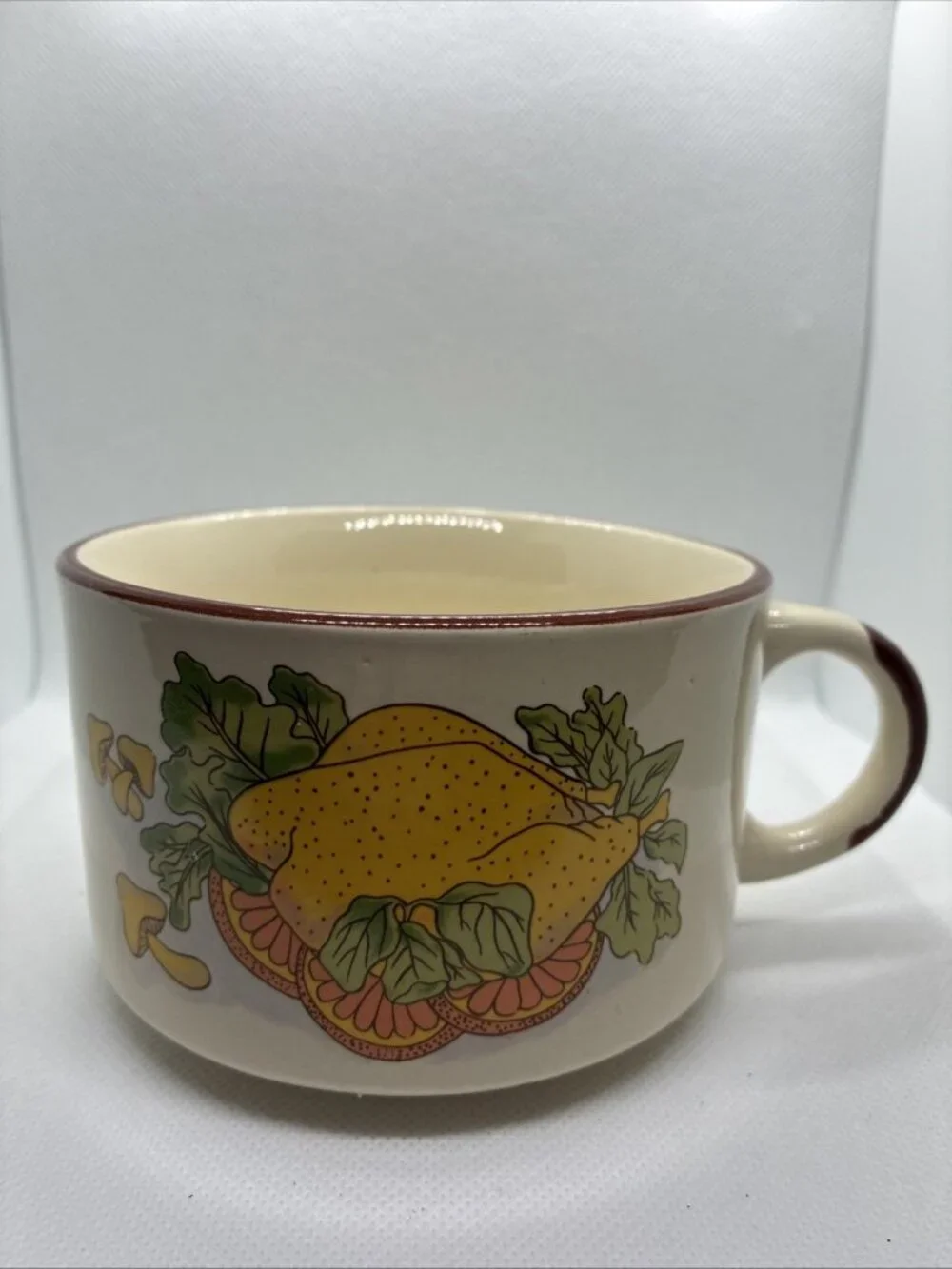 Vintage 1970s Retro Chicken Vegetable Soup Mug Bowl Ceramic Harvest Mushrooms